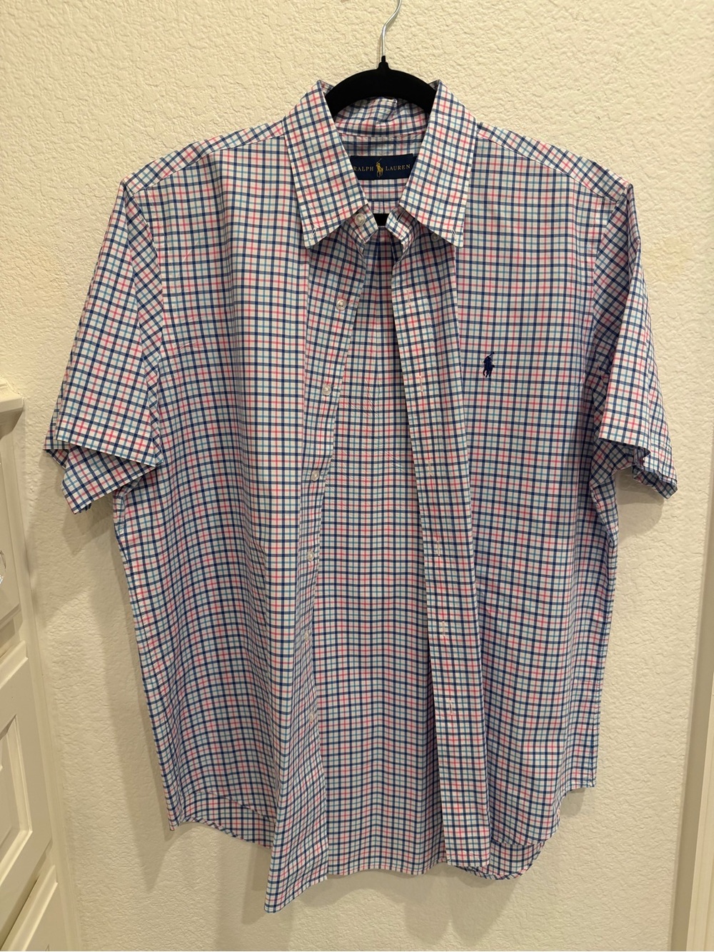 Ralph Lauren Short-Sleeve Button-Down Shirt in White, Blue & Pink Plaid